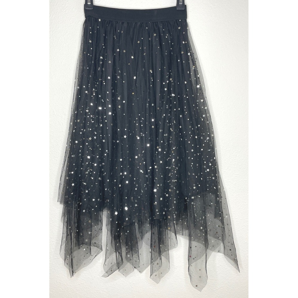 Women Skirt Goth Fairy Punk Celestial Star Moon Sequin Tulle Mesh Small Black